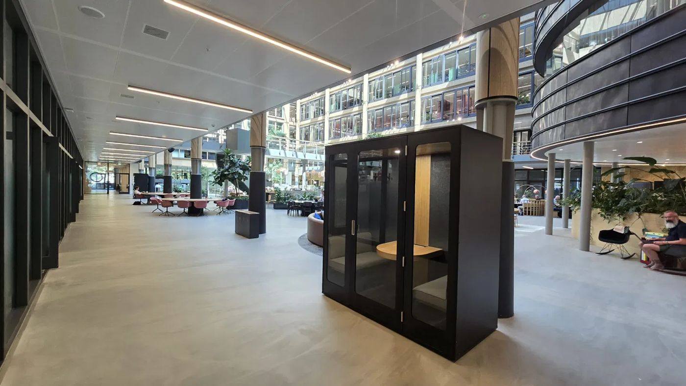 Acoustic pod, atrium walkway